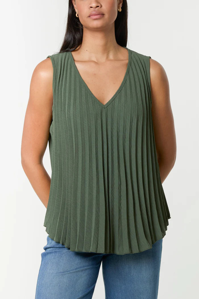 The Luna Pleated V-Neck Sleeveless Top in Khaki