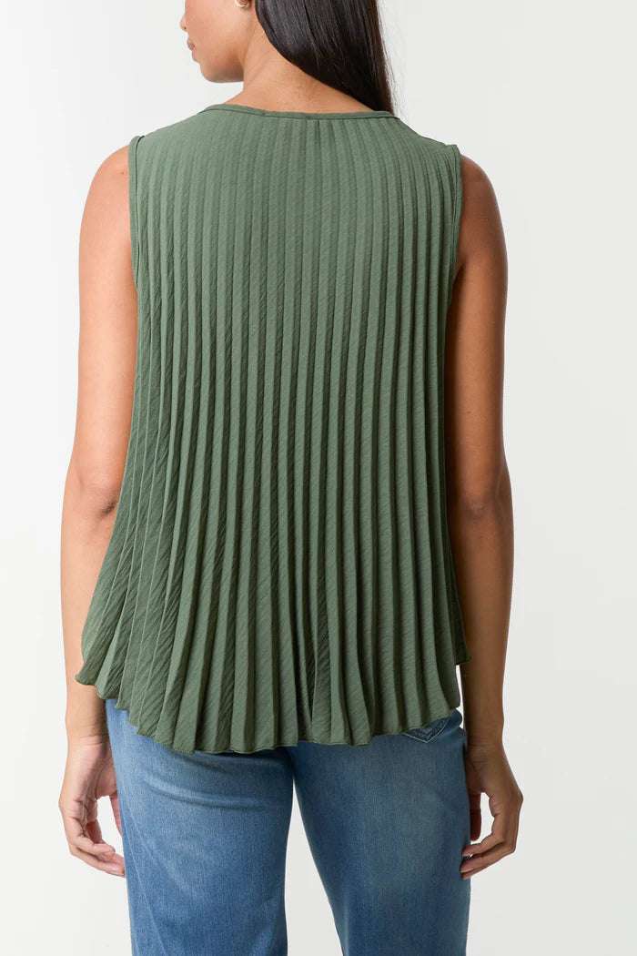 The Luna Pleated V-Neck Sleeveless Top in Khaki