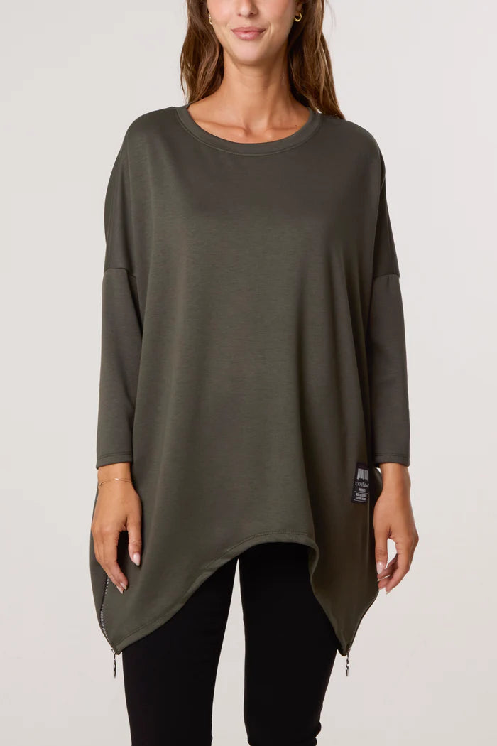 Soft Touch Side Zip Pockets Sweatshirt in Khaki