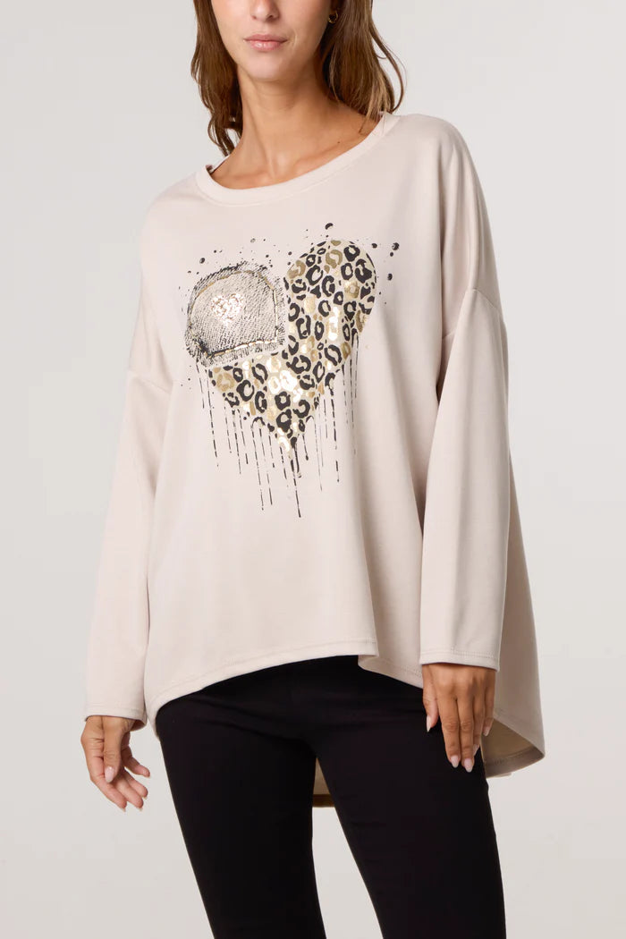 Foil Animal Heart Soft Touch Sweatshirt in Beige