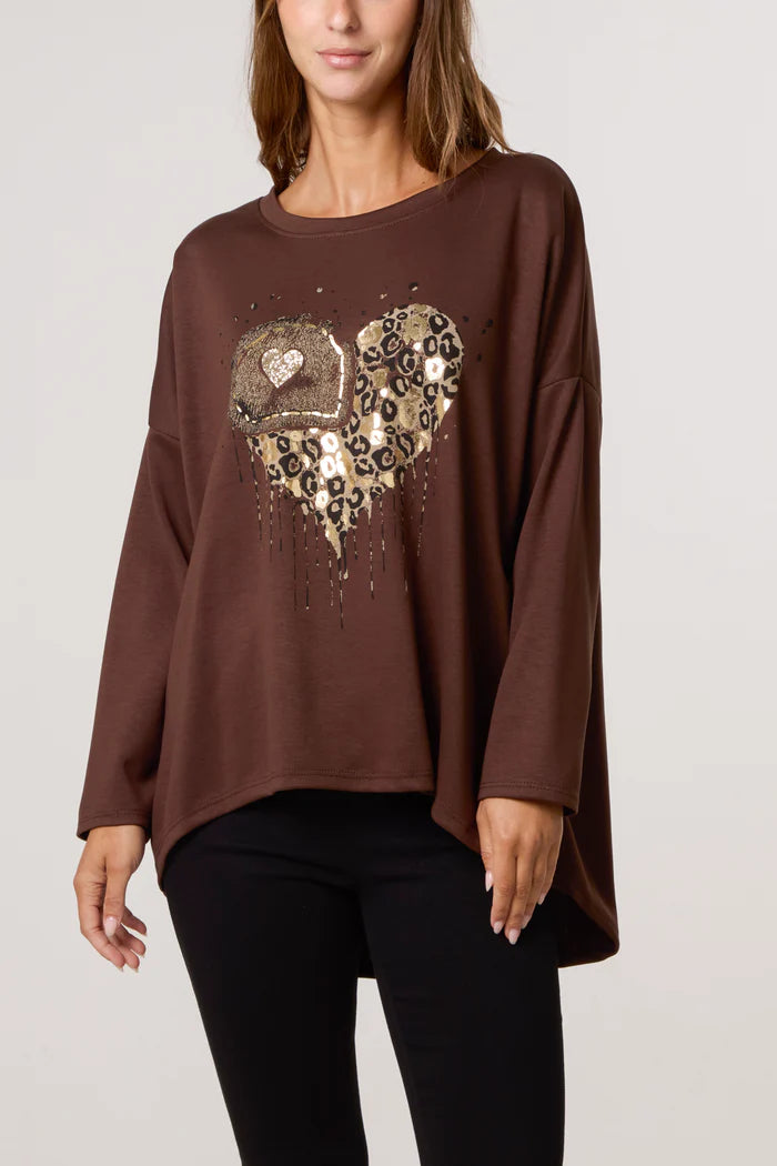 Foil Animal Heart Soft Touch Sweatshirt in Chocolate Brown