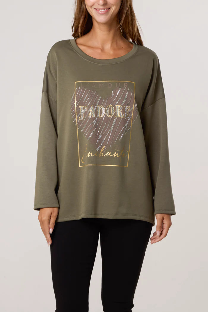 J'Adore Diamante Round Neck Sweatshirt in Khaki