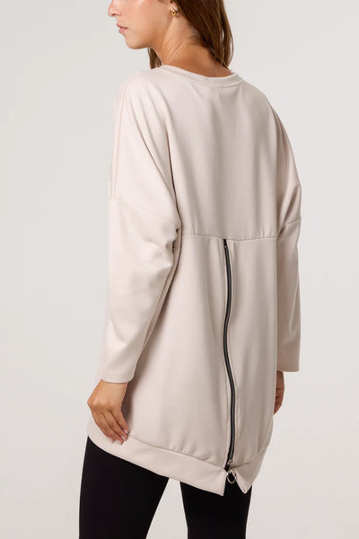 Foil Rock Back Zip Sweatshirt in Beige