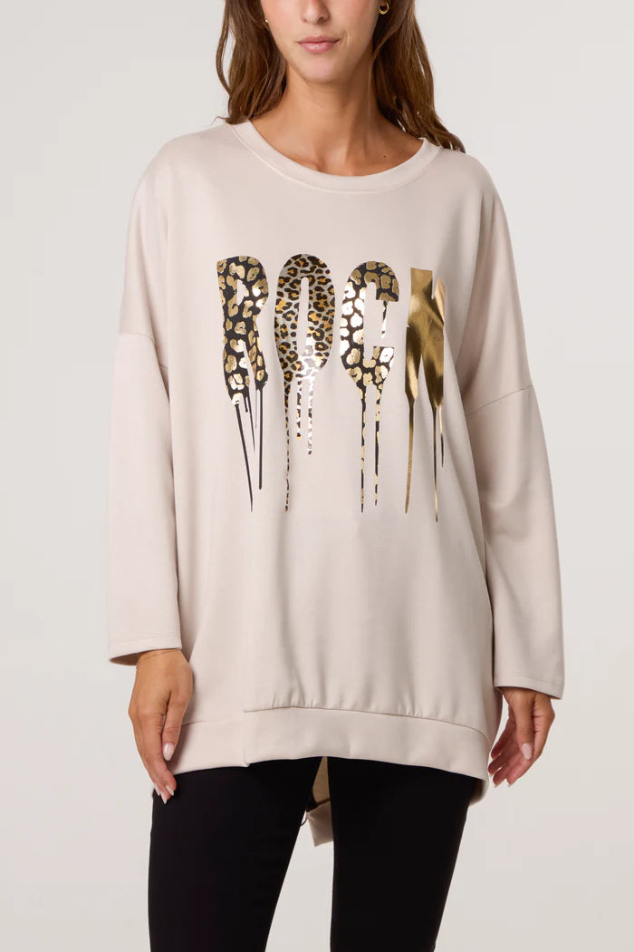 Foil Rock Back Zip Sweatshirt in Beige