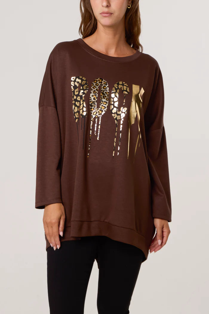 Foil Rock Back Zip Sweatshirt in Chocolate Brown
