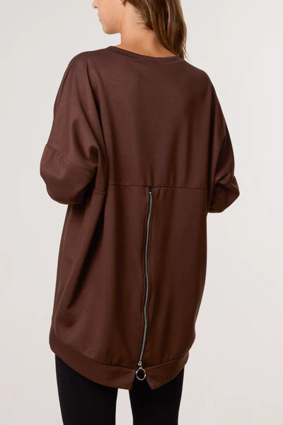 Foil Rock Back Zip Sweatshirt in Chocolate Brown
