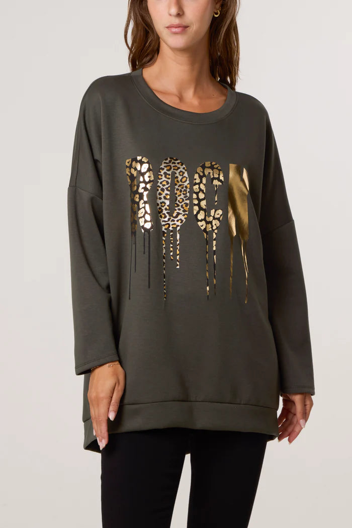 Foil Rock Back Zip Sweatshirt in Khaki