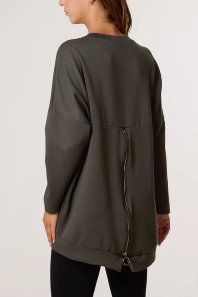 Foil Rock Back Zip Sweatshirt in Khaki