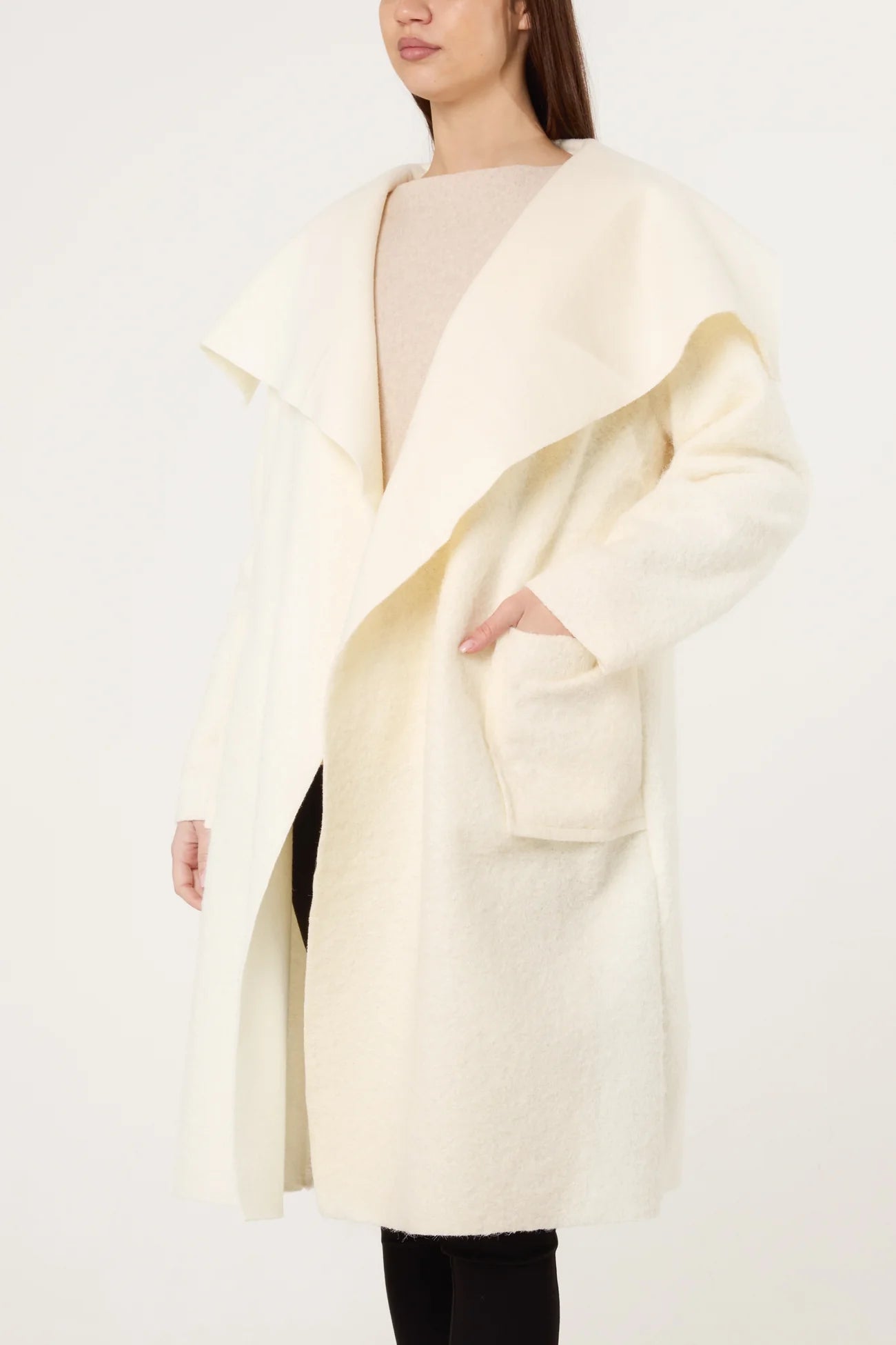Nadia Brushed Wool-Like Waterfall Coat – Winter White