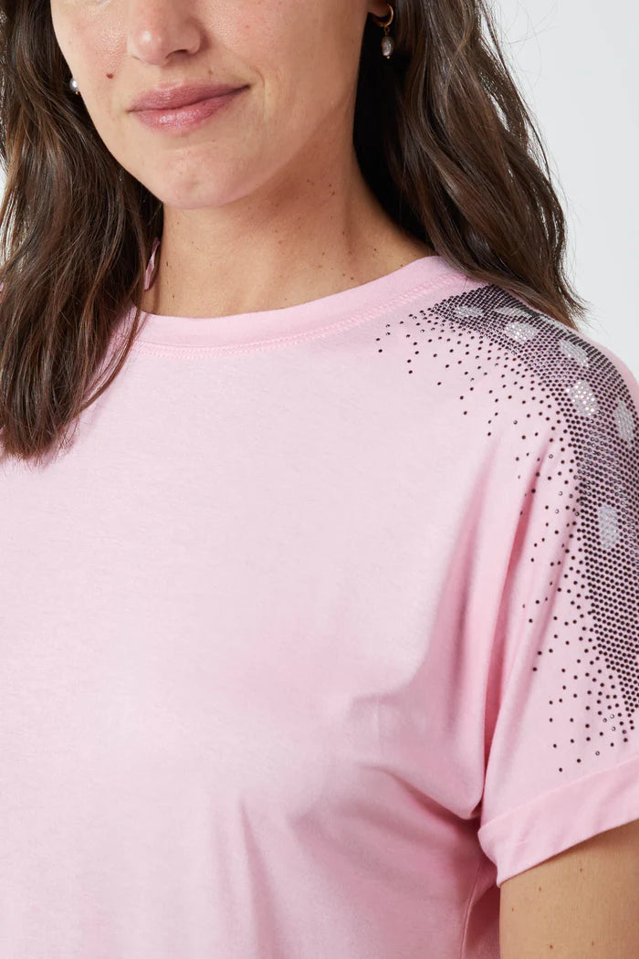 Diamante Shoulder Trim Detail T-Shirt in Pink