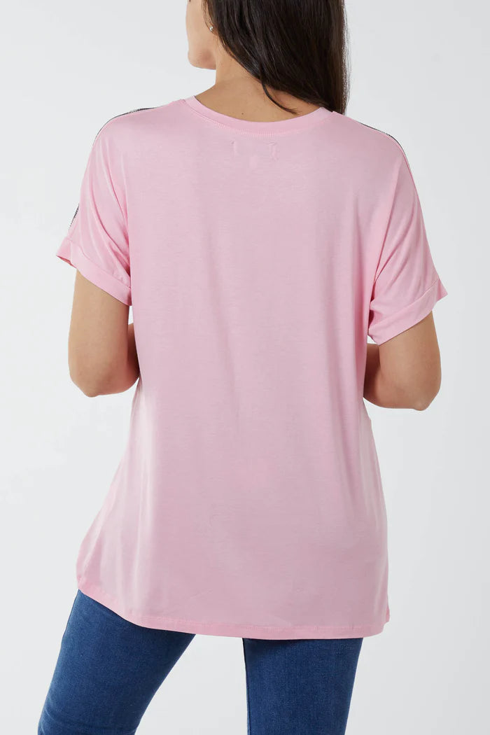 Diamante Shoulder Trim Detail T-Shirt in Pink