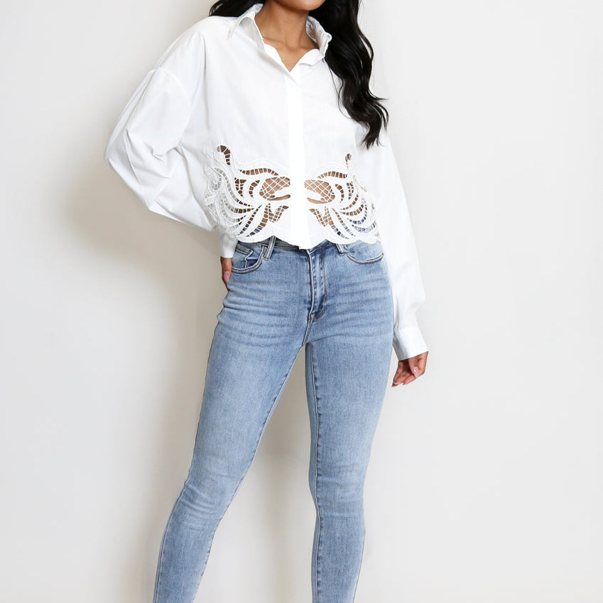 Rita Laser Cut Hem Cropped Blouse in White