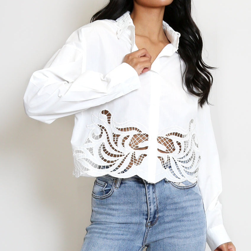 Rita Laser Cut Hem Cropped Blouse in White