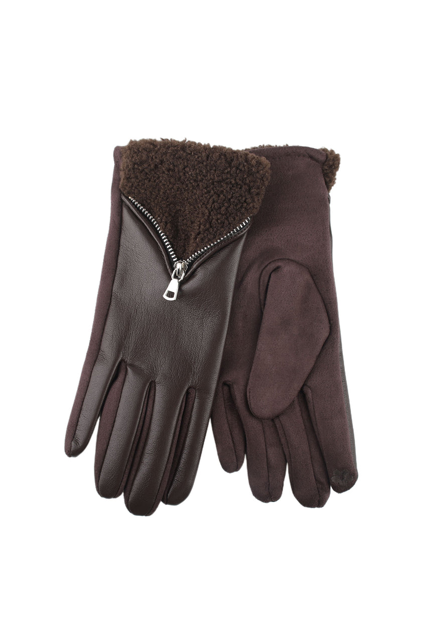 Bella Borg Zip Detail Gloves in Chocolate Brown